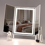 Hansong Large Trifold Vanity Mirror with Lights White Lighted Makeup Mirror with Lights Strips 3 Lights Modes Tri-fold Makeup Mirror with 10X Magnifying Mirror 12x16 Inches
