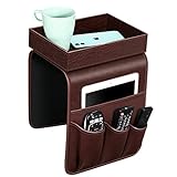 SITHON Sofa Remote Control Holder with Detachable Tray - [Non Slip] PU Leather Chair Couch Armrest Organizer Caddy with 5 Pockets for Magazines Phone iPad TV Remote Game Controller Eyeglasses (Brown)