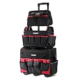 HAUTMEC 3PCS Tool Organizer Set, 18” Waterproof Tool Bag with Wheels,15” Electrician Tool Tote and 12” Wide Mouth Tool Bag 1680D Professional Heavy Duty and Portable Rolling Tool Bag HT0287-TB