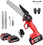 Mini ChainSaw 6-inch, Battery Powered Electric Chainsaw Cordless, with 2 x 2000mAh Battery,2 Chains, Handheld Power Chain Saws for Tree Trimming & Wood Cutting, Small Rechargeable Chain Saw