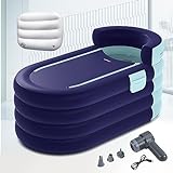 Hapyvergo Inflatable Bathtub Adult 63'' Portable Blow Up Bath Tubs with Cordless Air Pump, Ideal for Hot Ice Bath, Quick Drain Design with 9'10'' Long Hose, Phone Pocket, Water Cushion (Blue)