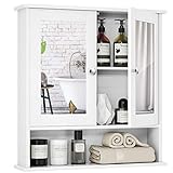 Tangkula Bathroom Cabinet Wall Mounted with Double Mirror Doors, Wood Hanging Cabinet with Doors and Shelves, Bathroom Wall Mirror Cabinet (White)