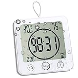 Timer Waterproof for Shower, Bathroom Wall Clock Battery Operated with Suction, Large Countdown Visual Timer for Kids, Digital Outdoor Hanging Clock with Temperature and Humidity Display (White)