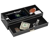 HofferRuffer Valet Jewelry Tray Organizer with Drawer, Faux Leather Storage Catchall Box Phone Charging Station Tray with Dresser Nightstand Desktop Drawer Organizer (Black)