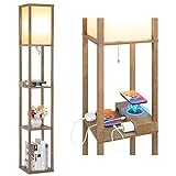 Mlambert Modern Shelf Floor Lamp with Wireless Charger & Fast Charging USB Port & Type C Port & 2 Power Outlets,3 Tier Storage Display Standing Lamp Narrow Corner Light for Bedroom Living Room(Wood)