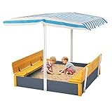 Tiuekes Kids Wooden Sandbox with Cover, Sand Pit with 2 Foldable Bench Seats for Aged 3-8 Years Old, Outdoor Sandboxes for Backyard Garden with Height Adjustable and Rotatabl Canopy