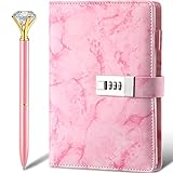 Zonon Diary with Lock Marble PU Leather A5 Journal Combination Lock Secret Personal with Diamond Pen for Girls Women Boys(Pink)