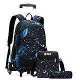 3Pcs Black Galaxy Primary Middle School Bag Rolling Backpack Set for Elementary Boys Wheeled Bookbag with Six Wheels