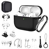 Polislime Airpods Pro Case, 15 in 1 Airpod pro Accessories Set Kit, Silicone Anti-Lost Straps/Watch Band Holder/Ear Hooks/Storage Box/Ear Tips/Keychainfor Apple Airpods Pro Charging Case Skin(Black)