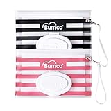 BUMCO Airtight Wipes Dispenser, Keeps Wet, Reusable Refillable Pouch, Diaper Bag Organizer for Travel, Carrying Clutch, Unique Baby Gift for Girl Boy [Black & Pink]