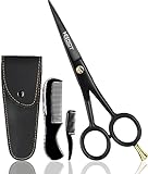 HB-DOT 5' Professional Mustache & Beard Scissors, German Stainless Steel Mustache Scissors, Black Mustache Scissors for Men with PU Leather Pouch and Comb set. Useful for all Type of Facial Hairs.