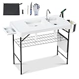 Dragosum 42'' Outdoor Fish Cleaning Table Portable Camping Sink Station with Double Sinks, Collapsible Swivel Faucet, Picnic Sink Table with 6pc Fish Cleaning Kit for Picnic Beach Patio