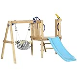 Outsunny 3 in 1 Wooden Swing Set Outdoor Playset with Baby Swing Seat, Toddler Slide, Captain's Wheel, Telescope, Kids Backyard Playground Equipment, Ages 1.5-4