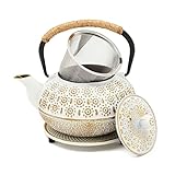 3 Piece Set White Japanese Cast Iron Teapot with Stainless Steel Infuser and Trivet (27 oz)