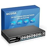 NICGIGA 24 Port Gigabit PoE Switch Unmanaged, 24 Port PoE+@320W, 2 Gigabit Uplink Ports, 26 Port Gigabit Network Power Over Ethernet Switch, VLAN Mode, 19 inch RackMount, Plug and Play.