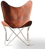 Leather Living Room Chairs-Butterfly Chair Brown Leather Butterfly Chair-Handmade with Powder Coated Folding Iron Frame (Cover with Folding Frame) (Golden Frame)