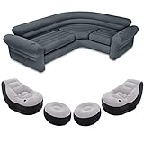 Intex Inflatable 2 in 1 Inflating and Deflating Valve Corner Living Room Corner Sectional Sofa Couch with Set of 2 Lounge Chair and Ottoman, Gray