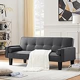 FANYE 71.6' Linen Upholstered Futon Loveseat Convertible Sleeper Couch Bed W/Throw Pillows,Compact Foldable Sleep Sofa,2 Seaters Love Seat with Reclining Backrest to Napping Daybed, Deep Grey a