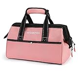 WORKPRO 13-Inch Tool Bag, Pink Soft Cloth Tool Storage Bags, Wide Mouth Tool Tote Bag with Inside Pockets - Pink Ribbon
