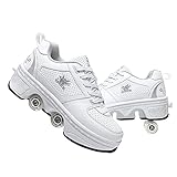 PLMOKN Roller Skates for WomenMen, Kick Roller Shoes with Wheels Retractable,Outdoor Quad Wheel Rink Skates Deformation Skating Shoes for AdultKidsGirls, Unisex Beginners Sneakers, 8US39EU,