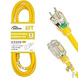 HONDERSON 6FT 14/3 Lighted Outdoor Extension Cord - 14 Gauge 3 Prong SJTW Heavy Duty Yellow Extension Cable with 3 Prong Grounded Plug for Safety,UL Listed