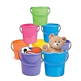Fun Express 12 pc. Sand Buckets for Kids 7 inch - Premium Sand Buckets Set of 12 - Durable, Mess-Free Cleanup, Easy-Grip Handles and Multi-Purpose Use - VBS Vacation Bible School Supplies/Decor