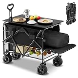 Double Decker Wagon Collapsible with Table - Sports Wagons Carts Foldable with Extender, 500LBS Heavy Duty Utility Lounge Wagon with Brakes, 400L Larger Capacity for Camping,Beach,Garden,Grocery