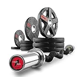 XMark Olympic Bar Curl Bar with Weights Offer, Olympic Weights 65 lb Set of TEXAS STAR Olympic Weight Plates, Rubber Coated, Patented Design XM-3389 with EZ Curl Bar, Black Manganese 28mm CROWBAR