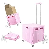 Honshine Foldable Cart with Stair Climbing Wheels, Collapsible Rolling Crate with Telescoping Handle, Handcart for Grocery Book File Tool Art Supplies(Pink)