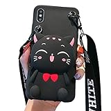 SGVAHY iPhone 6 Case/iPhone 6S Case Cute Cat iPhone 6 / 6S Wallet Case with Zipper Crossbody Lanyard Cartoon Kawaii iPhone Case for Womens Girls Soft Silicone Shockproof Cover Protective Case Black