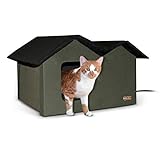 K&H Pet Products Outdoor Heated Cat House Extra-Wide Cat Shelter for Two, Olive, 26.5 X 21.5 X 15.5 Inches