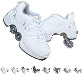 Roller Skates for Women Outdoor,Parkour Shoes with Wheels for Girls/Boys,Kick Rollers Shoes Retractable Adults/Kids,Quad Roller Skates Men,Unisex Skating Shoes Recreation Sneakers,White-6US