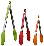 Popco Silicone Tongs for Cooking Grilling (3 food tongs x 7/9/12') Heavy Duty Stainless Steel BBQ Tongs for Grilling, Cooking Tongs, Kitchen Tongs with Silicone Tips, Salad Tongs, Rubber Tongs Buffet