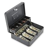 Polspag Cash Box with Lock and 2 Keys, Metal Money Box with Cash Tray, Lock Safe Box, 4 Bill/5 Coin Slots, 11.8L x 9.5W x 3.5H Inches (Top Key-Grey)