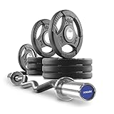 XMark Olympic Bar Curl Bar with Weights, Olympic Weights 65 lb Set of TRI-Grip Olympic Weight Plates, Premium Quality, Rubber Coated XM-3377 with EZ Curl Bar