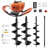 62CC Newly Upgraded Post Hole Digger Gas Powered, 2 Stroke Auger Post Hole Digger with 2 Drill Bits (6' & 8') + 1 Extension Rod for Planting - Ideal for Farm & Garden - Orange (62 CC)
