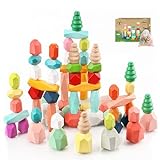 48PCS Wooden Stacking Building Blocks Montessori Toys for 1 2 3 4 5 6 Year Old Girls Boys Preschool Educational Sensory Toys for Toddlers 1-3 STEM Learning Toys Ages 2-4 Kids Games Gift