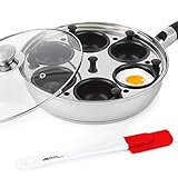 Modern Innovations Egg Poacher Pan Nonstick, Stainless Steel Poached Egg Maker, Poached Egg Pan w/Handle, Perfect Egg Maker, Poached Egg Cooker, Egg Poacher Cups, 6 Poached Egg Cups, Silicone Spatula