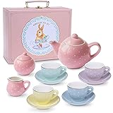 Jewelkeeper Tea Set for Little Girls 13 pcs Porcelain Tea Set for Kids Tea Time Includes Teapot , 4 Tea Cup and Saucers , Creamer and Sugar Bowl , Pastel Tea Party Set with Gold Polka Dots