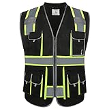 JKSafety 10 Pockets Hi-Vis Zipper Front Black Safety Vest | Cushioned Collar | High Reflective Tapes with Extended Neon Yellow Strips | Meets ANSI/ISEA Standards (Large, 89-Black)