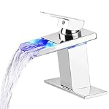 LED Bathroom Faucet Chrome,Mekoly Bathroom Sink Faucet with LED Light,3-Color Changing LED Bathroom Faucets Waterfall Spout, Single Handle Single Hole Vanity Sink Tap Bathroom Faucet