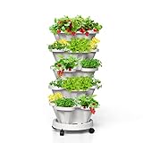 Tectsia Strawberry Vertical Planters, 5 Tiered Stacking Tower Garden, Stackable Herb Vegetable Planters with Movable Casters and Bottom Saucer Indoor and Outdoor - White