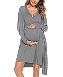 SWOMOG Maternity Nightgowns and Robe Set for Hospital 3 in 1 Labor Delivery Nursing Gown Two Piece Pregnant Pjs Sets Soft Birthing Robe Grey