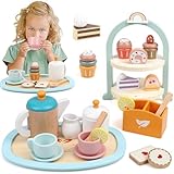 Vomocent 29 Pcs Wooden Tea Party Set for Little Girls, Tea Set with Cupcake Stand & Food Pretend Play Accessories for Kids, Kitchen Playset Toys for 3+ Year Old Boy Girl Birthday Gift