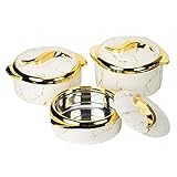 Hywisnok Luxury 3-Piece 2.6/2.1/1.6qt Thermal Casserole Dish Set with Lids, Insulated Stainless Steel Container for Hot & Cold Food, Serving Bowl for Buffets/Parties-Marble White