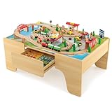 Costzon Train Table, 84 Pcs, Wooden Kids Activity Table Playset with Reversible & Detachable Tabletop, Storage Drawer, Wood Tracks, Train, Railway, City, DIY Design, Gift for Boys & Girls, Natural