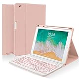 Keyboard case for iPad 9.7 Inch Air 2th Gen, iPad 5th/iPad 6th Generation (2017/2018) Case with Keyboard Detachable, 7 Color Wireless Backlit Keyboard, Smart Folio Cover with Pencil Holder(Pink)