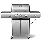 R.W.FLAME 34,000 BTU Propane Gas Grill with 3-Burner,BBQ Grill with Side Burner and Cast Iron Grates Stainless Steel Grill 486 sq. in Grilling Areas for Patio Garden Barbecue Camping,Silver