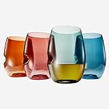 Unbreakable Stemless Acrylic Plastic Drinkware Glasses, Shatterproof 100% Tritan Glasses + Finger Indent Holder | 4 Set | 15oz Wine Glassware, Dishwasher-Safe, BPA-free - Indoor & Outdoor - Colored