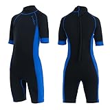 OMGear Wetsuit Kids 3mm Shorty Neoprene one Piece Short Sleeves Diving Suits Back Zipper Thermal Swimsuit for Youth Boys Girls Scuba Diving Surfing Snorkeling Swimming Water Sports(Black & Aqua, 8)